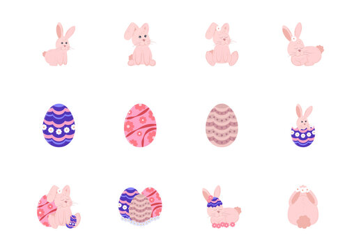 Colorful Easter Seasonal Bunny Eggs Rabbit Illustrations Set