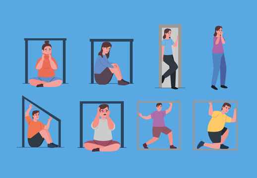 Colorful Claustrophobia Anxiety Stress Depression Emotions Illustrations Set