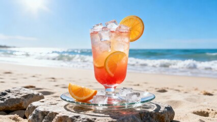 Chilled tropical beverage garnished with citrus rests on a natural stone near ocean waves under bright sunlight.