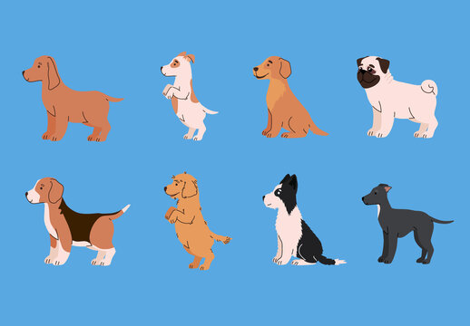 Colorful Cute Dog Puppy Animal Pet Illustrations Set