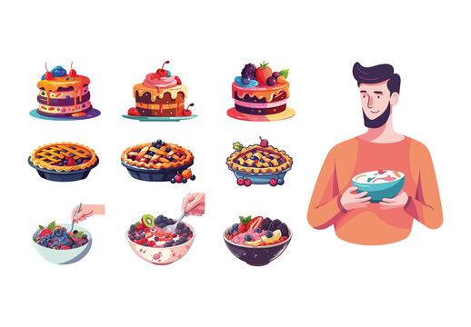 Colorful Dessert Cake Delicious Food Illustrations Set