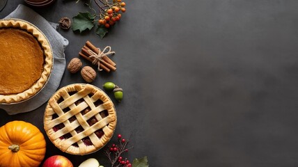 Thanksgiving Background with Pumpkin Pie and Apple Pie on Dark Surface