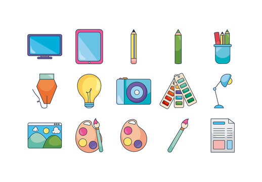 Colorful Creative Design Tools Art Illustrations Set
