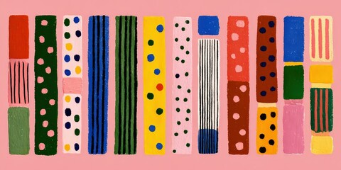 Abstract Arrangement Of Colorful Vertical Blocks With Textured Patterns On Pink Background