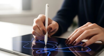 Close-up of a persons hands using a stylus on a digital tablet, creating art.