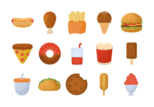 Colorful Fast Food Traditional Illustrations Set