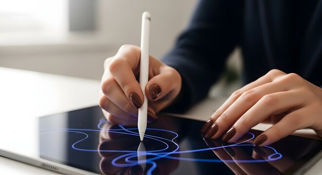 Close-up of a persons hands using a stylus on a digital tablet, creating art.