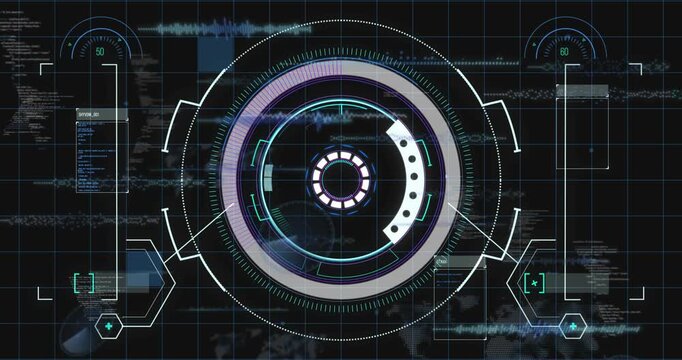 Central HUD powering up on core activation, spinning rings, rising panels, gauges updating for data