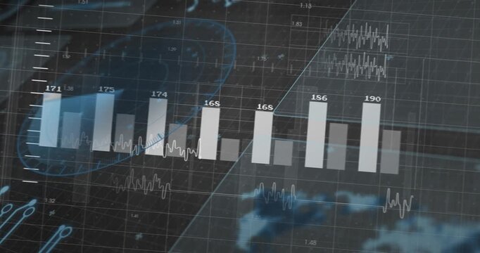 Vertical bar chart animating after radar pulse, bars sliding and rotating to show numeric trends