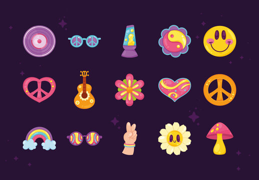 Colorful Hippie Culture Peace Love Retro Illustrations Set