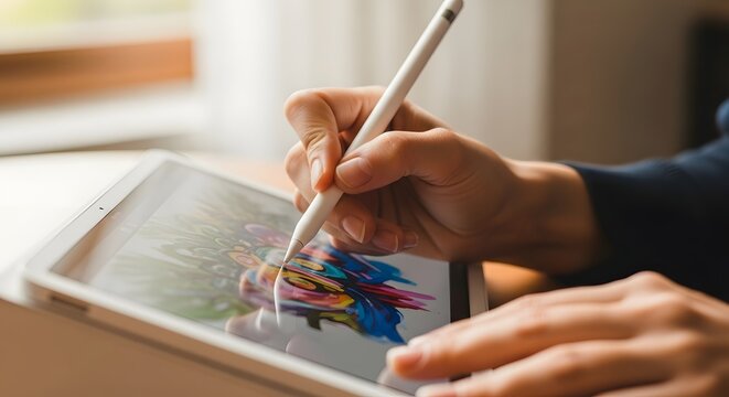 Close-up of a persons hands using a stylus to draw on a digital tablet.