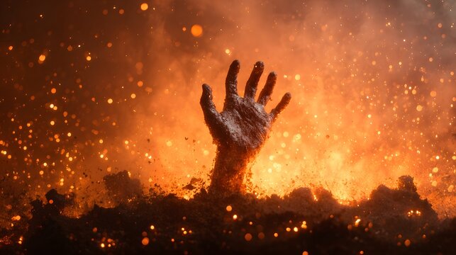 Desperate human hand emerges from intensely hot, glowing embers and ash