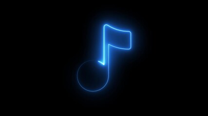 A vibrant cyan neon musical note glows brightly against a stark black background, creating a modern and artistic visual element