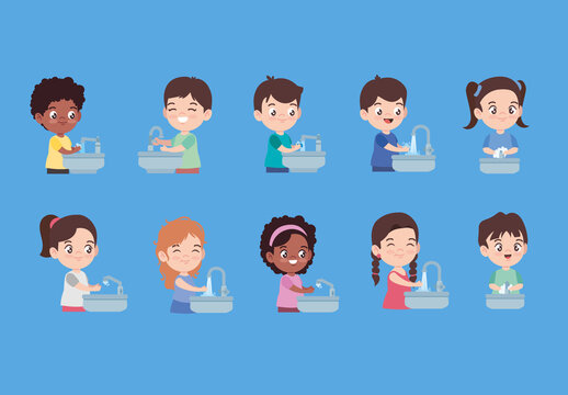 Colorful Kids Washing Hands Hygiene Health Illustrations Set