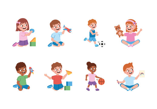 Colorful Little Kids Playing Illustrations Set