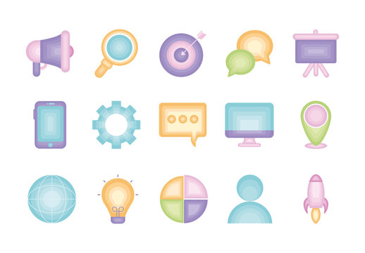 Colorful Marketing Communication Business Technology Strategy Icons Set