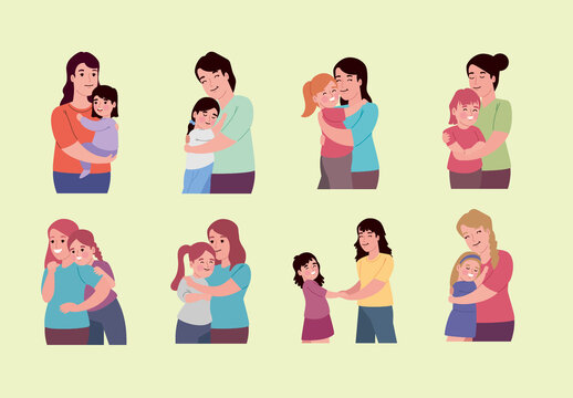 Colorful Mother Daughter Family Love Hug Illustrations Set