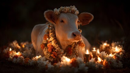 Sacred bovine creature adorned with floral garlands rests surrounded by illuminated devotional candles in darkness