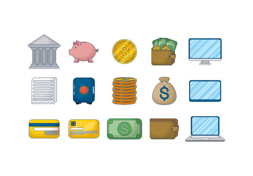 Colorful Online Banking Wallet Money Credit Cards Illustrations Set