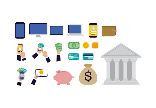 Colorful Online Banking Money Payment Financial Digital Icons Set