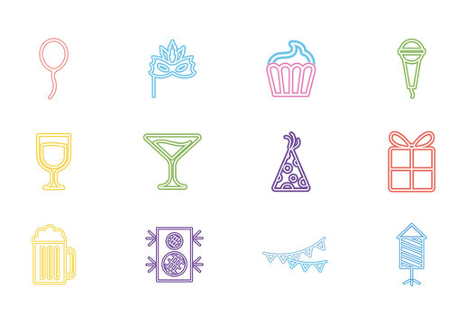 Colorful Party Drink Celebration Neon Icons Set