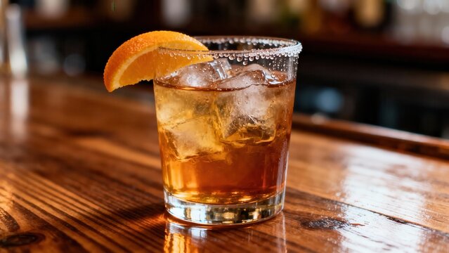 Brown spirit cocktail with ice and orange garnish rests on polished wooden bar surface