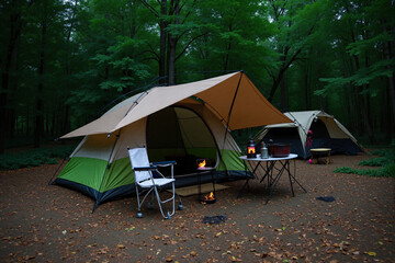 Multi-Tent Camping Setup in Forest with Camping Gear for Outdoor Recreation and Group Camping
