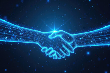 Glowing Digital Handshake in Blue Tech Style for Corporate Agreement and Futuristic Connection