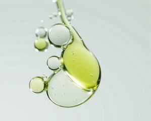 Green Cosmetic Oil Bubbles and Drops for Skincare Formula and Cosmetic Ingredient Visualization