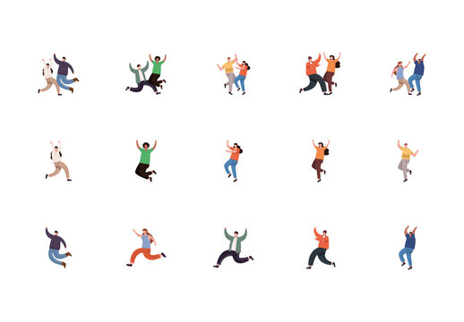 Colorful Happy People Jumping Fun Casual Illustrations Set