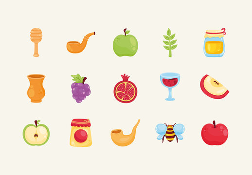 Colorful Rosh Hashanah Jewish Holiday Illustrations Set