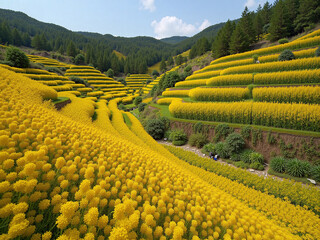 Yellow Terraced Flower Fields with Forest for Rural Scenery and Natural Landscape