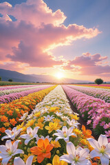 Multicolored Flower Field at Sunrise for Landscape Photography and Travel Marketing