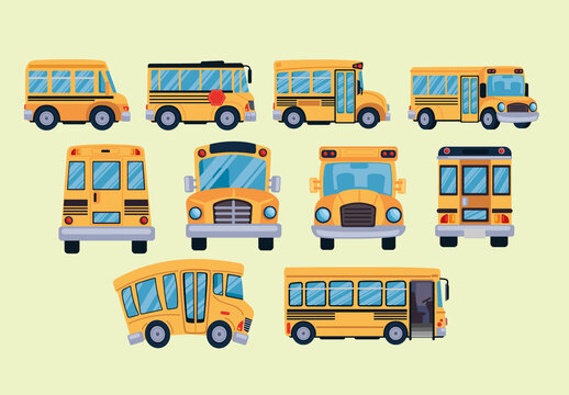 Colorful School Bus Vehicle Transport Education Illustrations Set