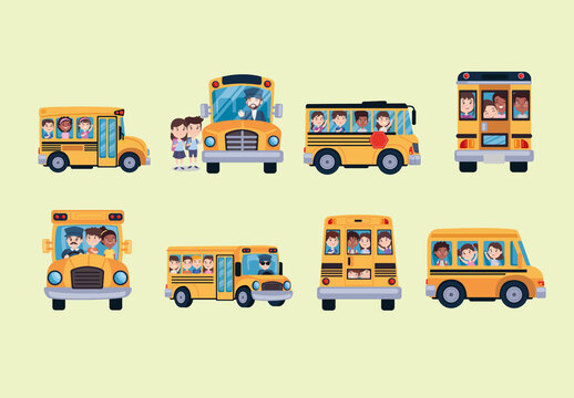Colorful School Bus Children Transport Cartoon Illustrations Set