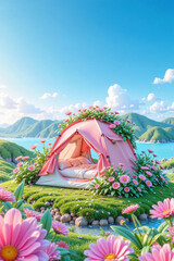 Flower-Covered Pink Tent by Lake and Mountain for Outdoor Retreat and Scenic Camping