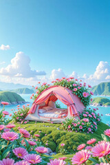 Pink Tent Surrounded by Flowers by Lake and Mountain for Glamping and Romantic Getaway