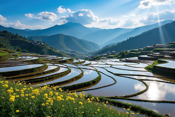 Terraced Fields with Yellow Flowers and Mountains under Blue Sky for Rural Landscape and Agricultural Design