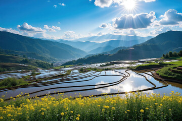 Terraced Agricultural Fields with Yellow Flowers and Mountains for Rural Scenery and Farming Visual