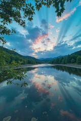 Lake Reflection in Mountain Valley with Sunrise Rays for Serene Nature Background and Travel Design