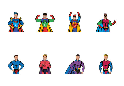 Colorful Superhero Costume Comic Cartoon Characters Illustrations Set
