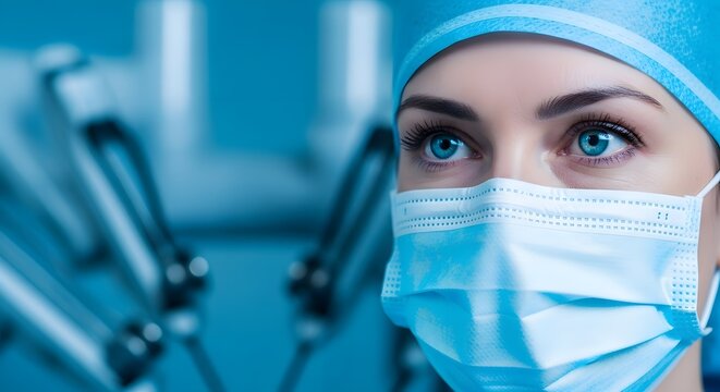 Close-up of a surgeons focused eyes and masked face in an operating room.