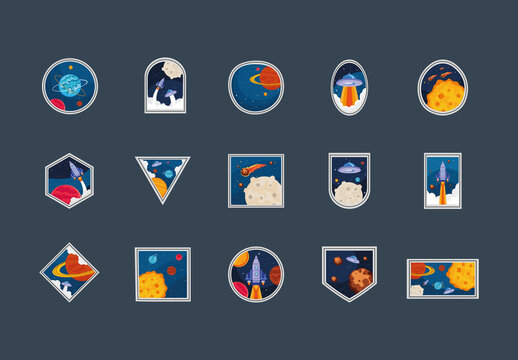 Colorful Space Retro UFO Universe Illustrations Set