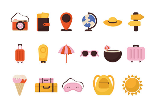 Colorful Travel Adventure Vacation Tourism Illustrations Set