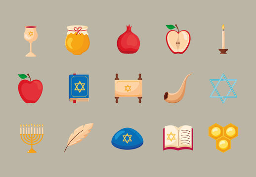 Colorful Yom Kippur Judaism Hanukkah Rosh Hashanah Illustrations Set