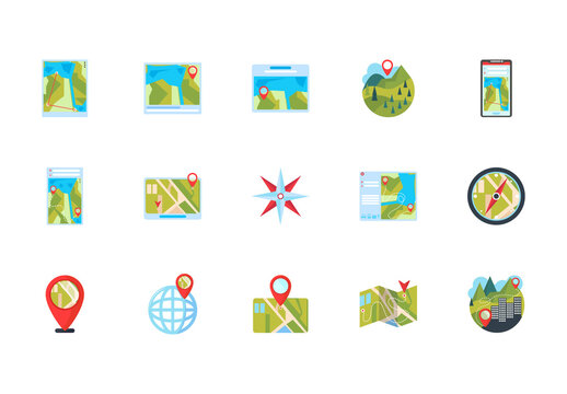 Colorful Location Navigation Travel GPS Direction Icons Set
