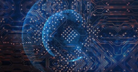 Central grid starting nodes moving along gold traces while blue orb rotating pulsing showing data - Powered by Adobe