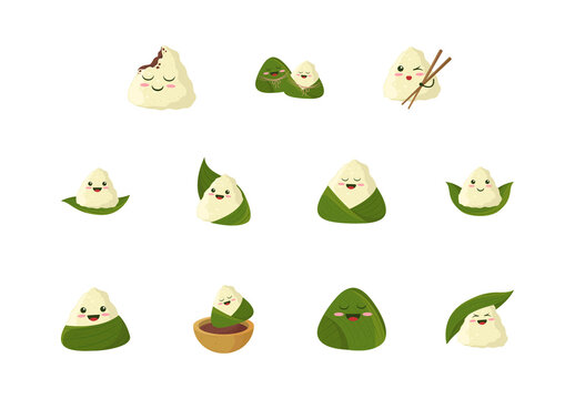 Green And Beige Zongzi Dumpling Kawaii Sticky Rice Illustrations Set