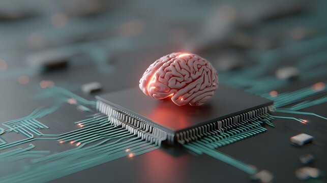 Miniature biological brain rests upon a central processing unit atop a complex circuit board