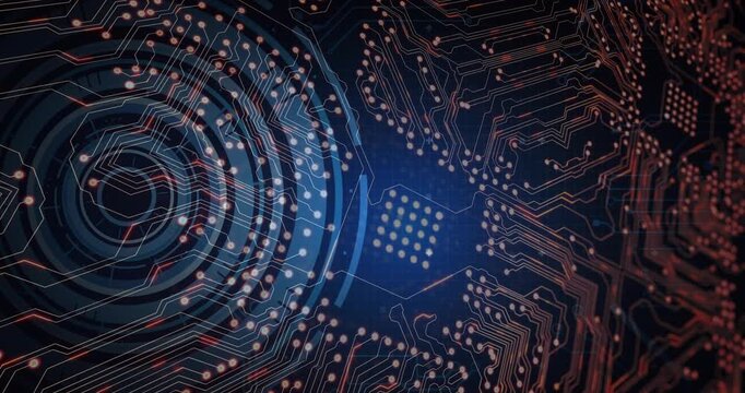 At sequence start showing rings rotating, chip glowing, nodes pulsing, code fading for diagnostics
